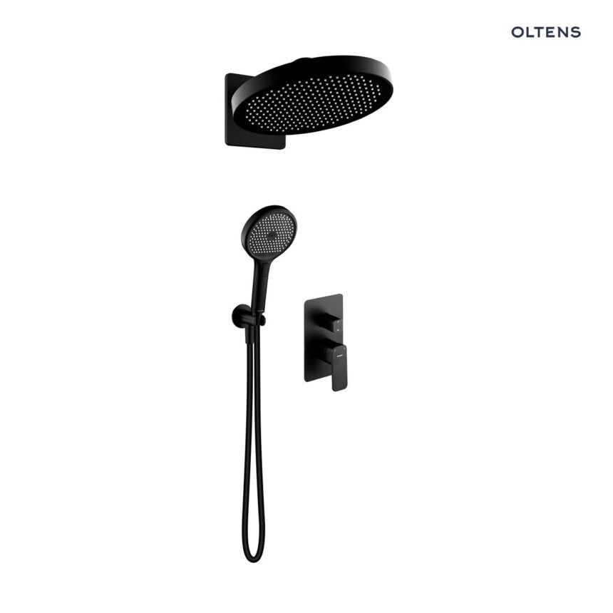 Oltens Hadsel zestaw bateria wannowo-prysznicowa podtynkowa z deszczownicą Regna i słuchawką 3 funkcyjną Luva EasyClick czarny mat 36029300