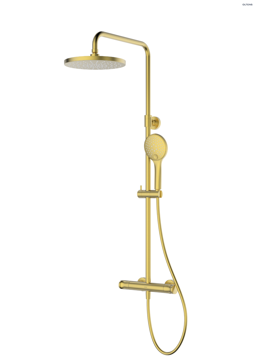 Oltens Vatten zestaw prysznicowy z baterią termostatyczną złoto szczotkowane 36505810
