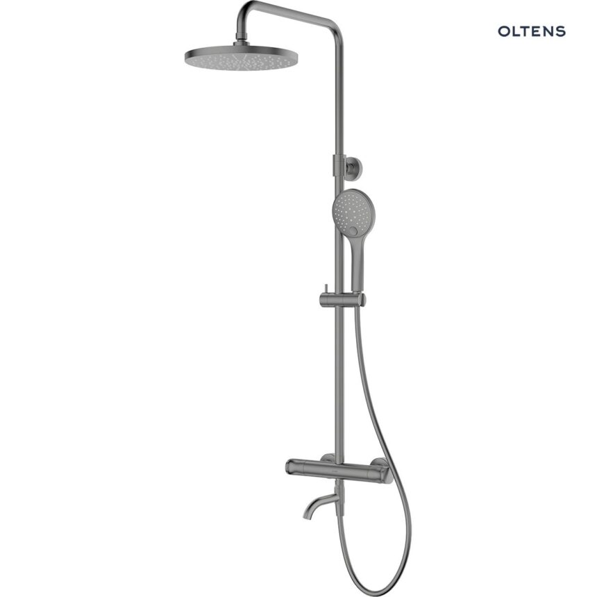 Oltens Vatten Numa zestaw wannowo-prysznicowy ścienny z baterią termostatyczną i deszczownicą grafit 36507400