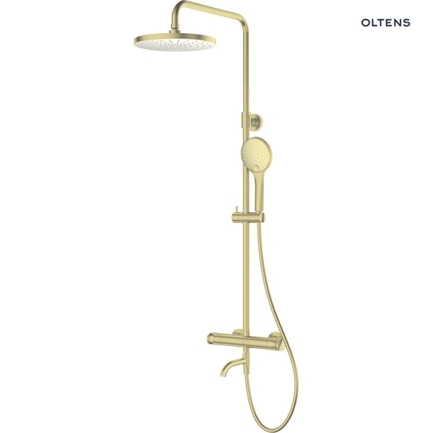 Oltens Vatten Numa zestaw wannowo-prysznicowy z baterią termostatyczną i deszczownicą złoty połysk 36507800