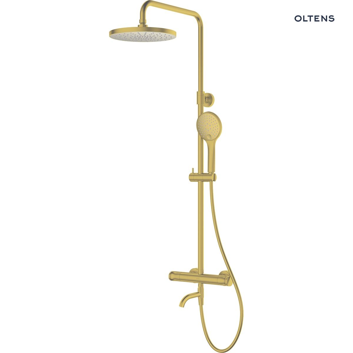 36507810 Oltens Vatten Numa zestaw wannowo-prysznicowy ścienny z baterią termostatyczną i deszczownicą złoto szczotkowane 36507810 - obrazek 1