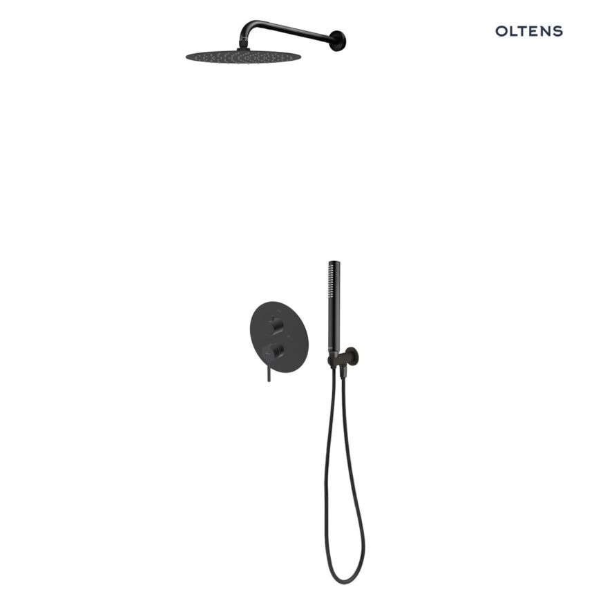 Zestaw Oltens Rann bateria podtynkowa z deszczownicą 30 cm Vindel i kompletem prysznicowym Ume czarny mat 36630300
