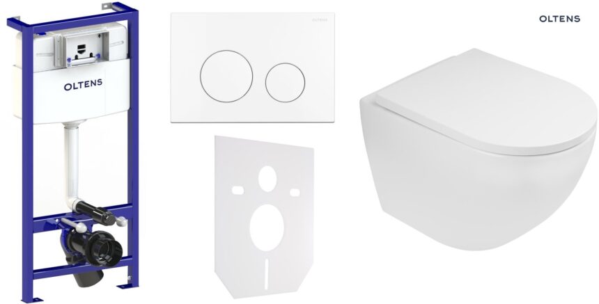 Zestaw Oltens Triberg Hamnes Lule 7w1 stelaż podtynkowy miska z deską 42014000 i przycisk spłukujący biały 58301000