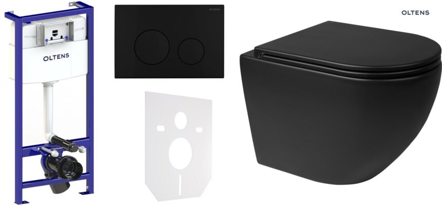 Zestaw Oltens Triberg Hamnes Lule 7w1 stelaż podtynkowy miska z deską 42514300 i przycisk spłukujący czarny mat 58303300