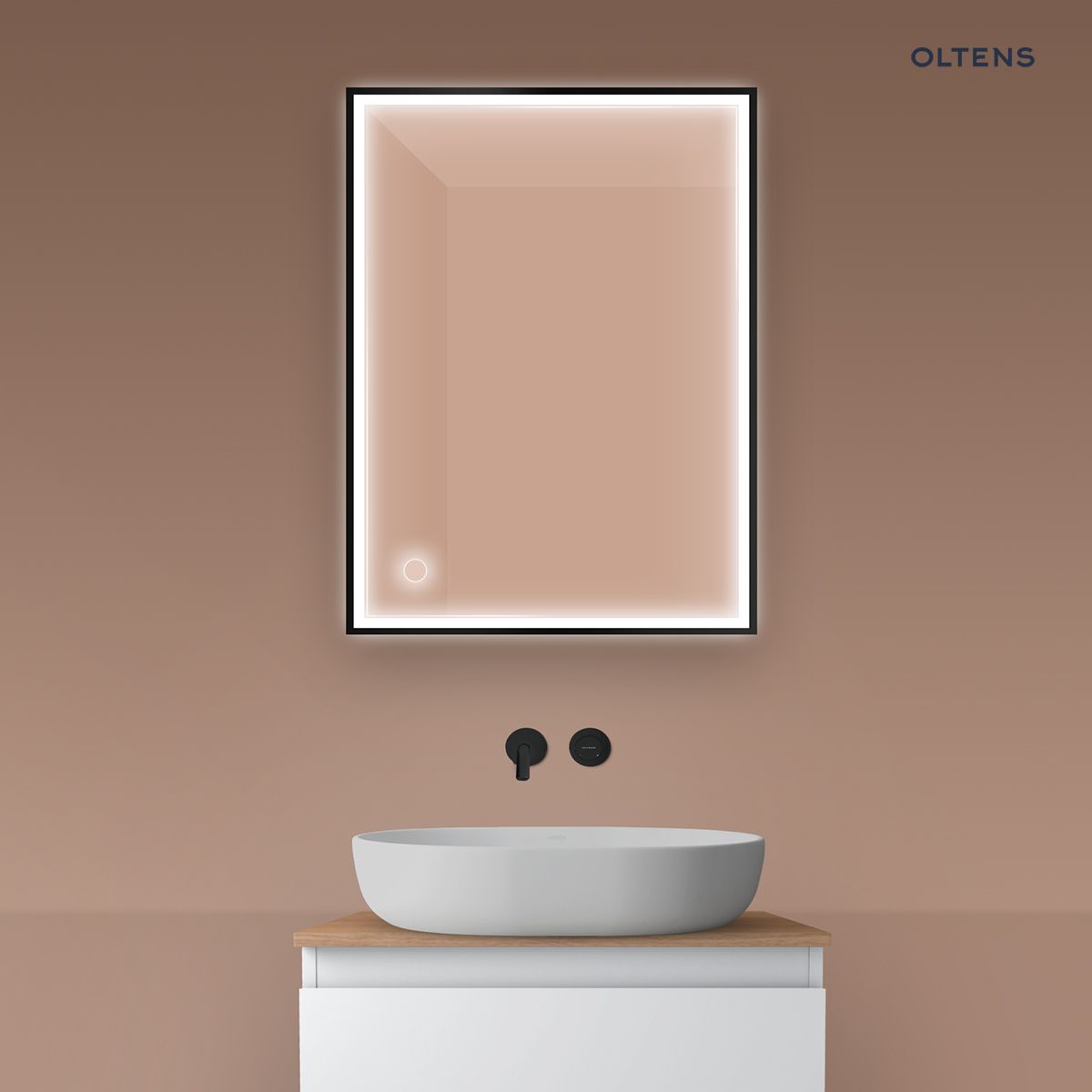 64105300a Oltens Nordlis lustro 60x80 cm prostokątne z oświetleniem z przodu z matą grzewczą czarny 64105300 - obrazek 1