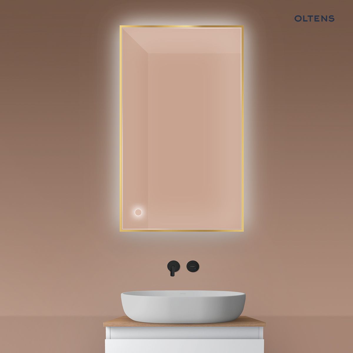 64111800a-1 Oltens Nordlis lustro 60x100 cm prostokątne z oświetleniem od tyłu z matą grzewczą złoty 64111800 - obrazek 1