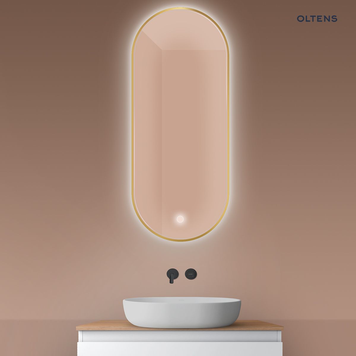 64114800a Oltens Nordlis lustro 50x120 cm owalne z oświetleniem od tyłu z matą grzewczą złoty 64114800 - obrazek 1