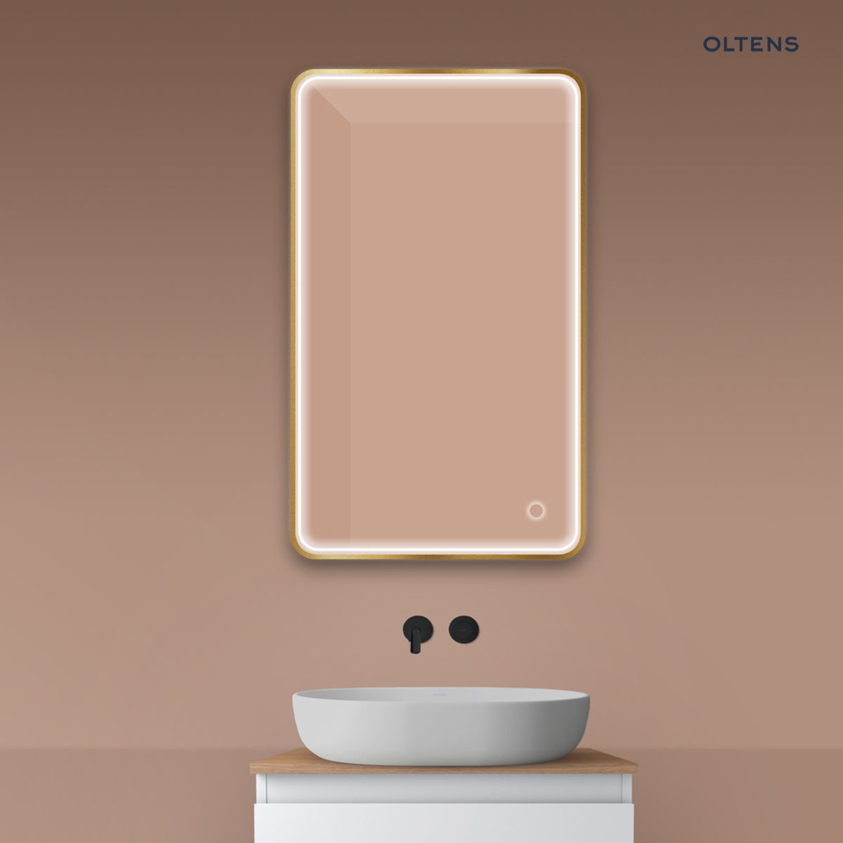 64117810x Oltens Nordlis lustro 60x100 cm prostokątne z oświetleniem z przodu z matą grzewczą złoto szczotkowane 64117810 - obrazek 1