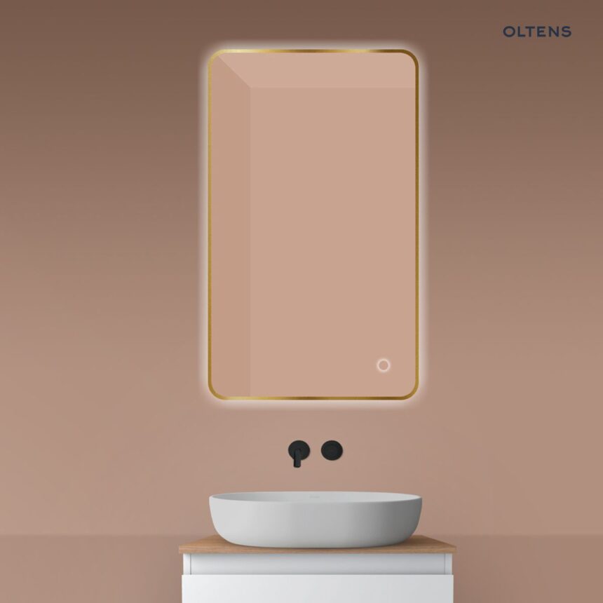 Oltens Nordlis lustro 60x100 cm prostokątne z oświetleniem od tyłu z matą grzewczą złoto szczotkowane 64120810