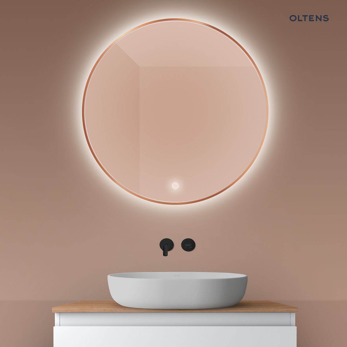 lustro-80-cm-okragle-oswietlenie-tyl-miedz-szczotkowana Oltens Nordlis lustro 80 cm okrągłe z oświetleniem z oświetleniem od tyłu z matą grzewczą miedź szczotkowana 64109610 - obrazek 1